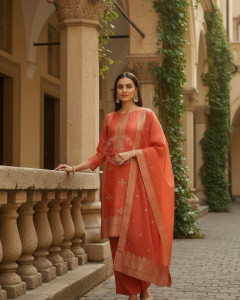 Orange Brocade Ethnic Motifs Suit Set With Thread Work