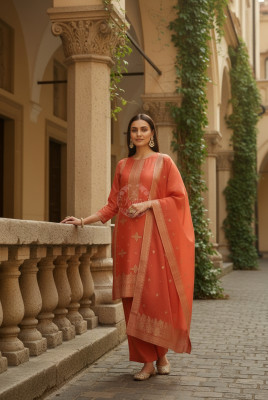 Orange Brocade Ethnic Motifs Suit Set With Thread Work