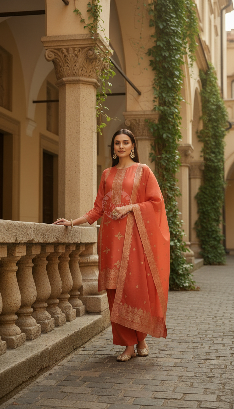 Orange Brocade Ethnic Motifs Suit Set With Thread Work