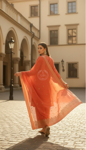 Orange Brocade Ethnic Motifs Suit Set With Thread Work