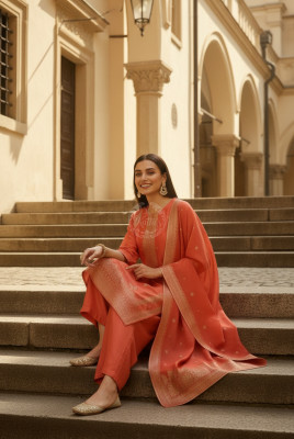 Orange Brocade Ethnic Motifs Suit Set With Thread Work