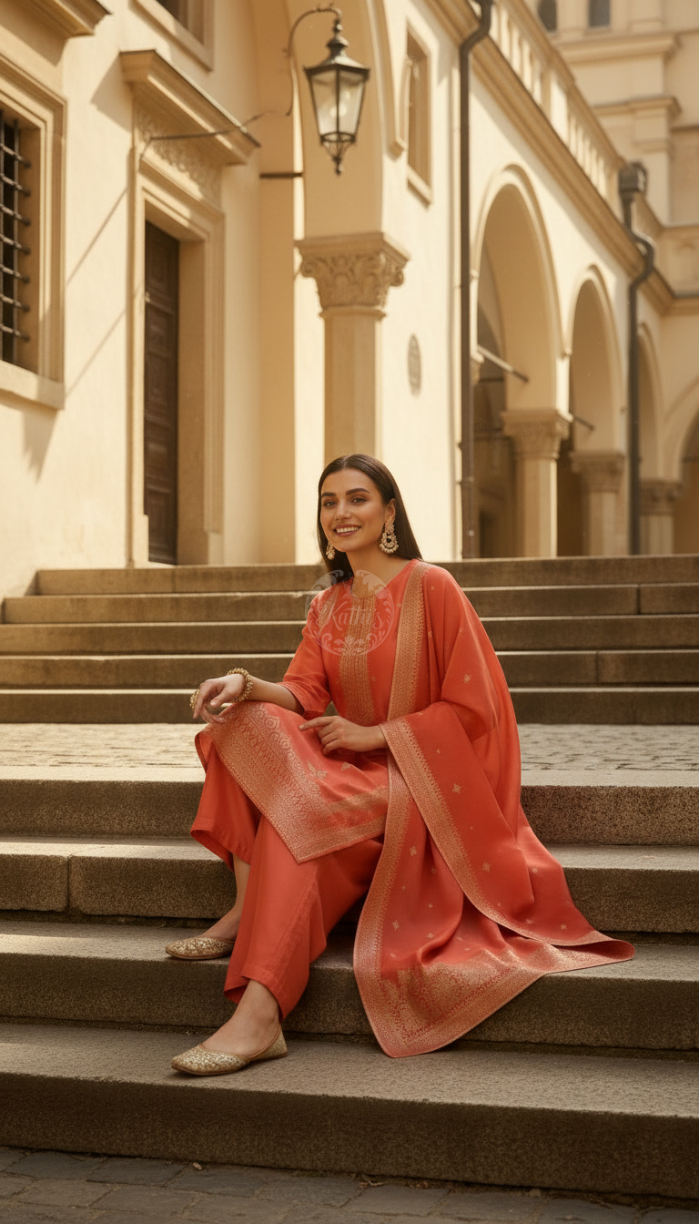 Orange Brocade Ethnic Motifs Suit Set With Thread Work