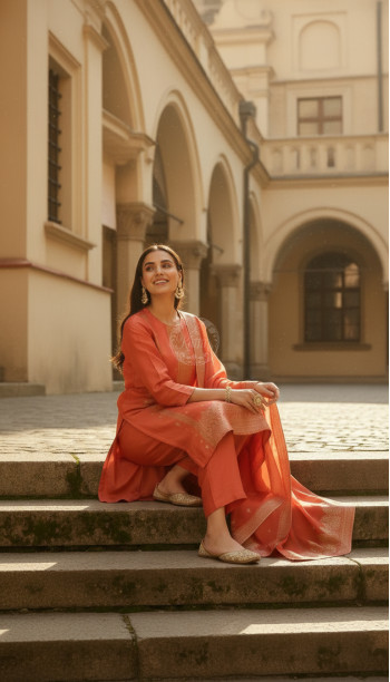 Orange Brocade Ethnic Motifs Suit Set With Thread Work