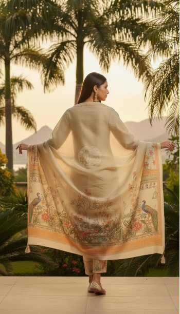 Beige Tissue Floral Print Suit Set With Beads