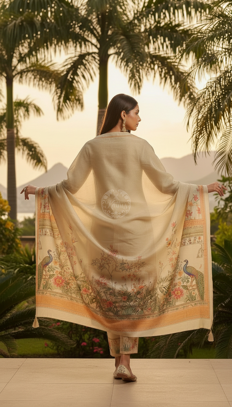 Beige Tissue Floral Print Suit Set With Beads