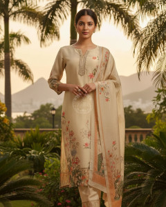 Beige Tissue Floral Print Suit Set With Beads