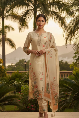 Beige Tissue Floral Print Suit Set With Beads