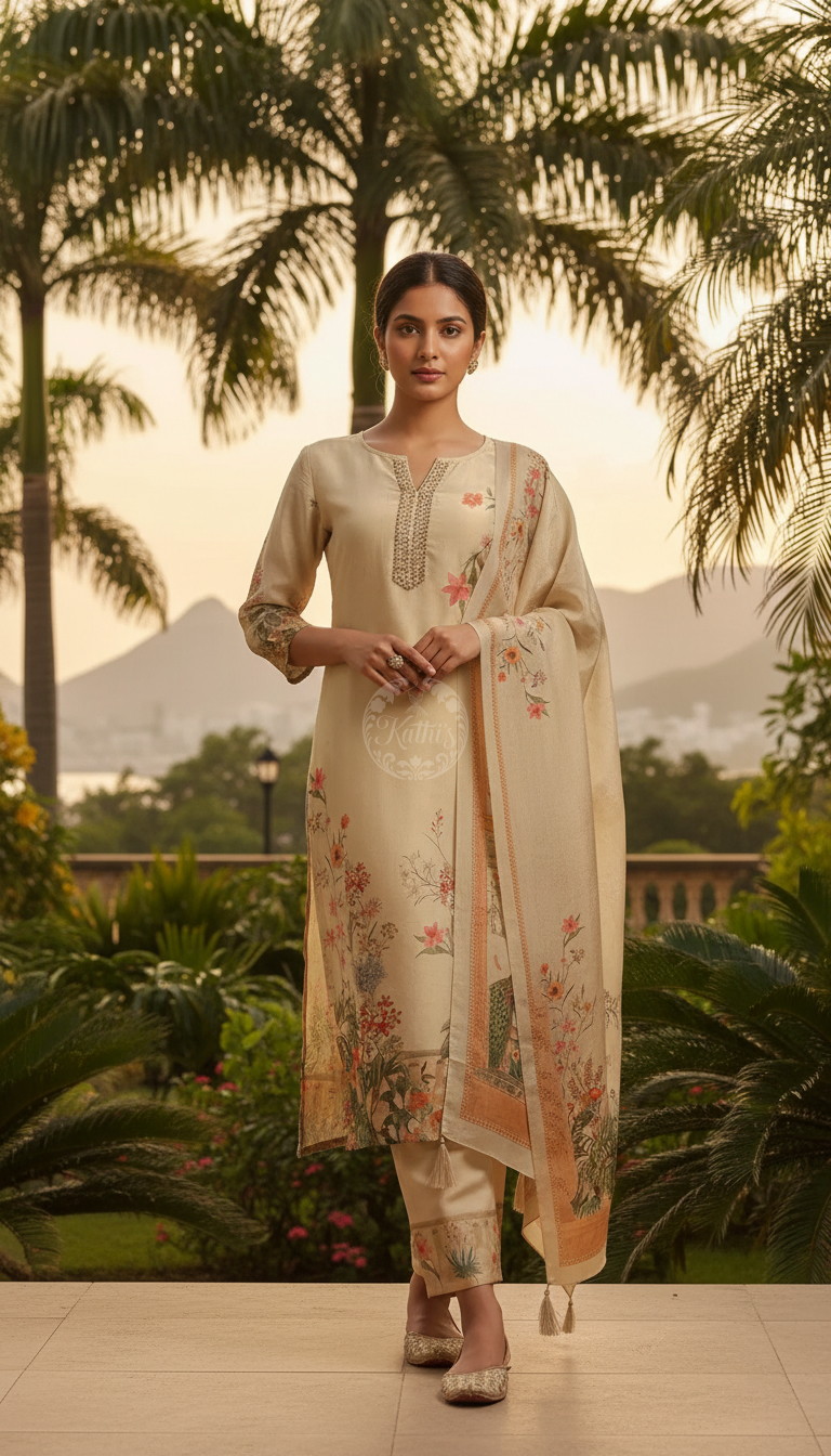 Beige Tissue Floral Print Suit Set With Beads