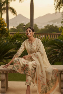 Beige Tissue Floral Print Suit Set With Beads