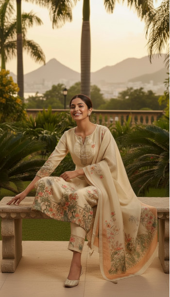 Beige Tissue Floral Print Suit Set With Beads