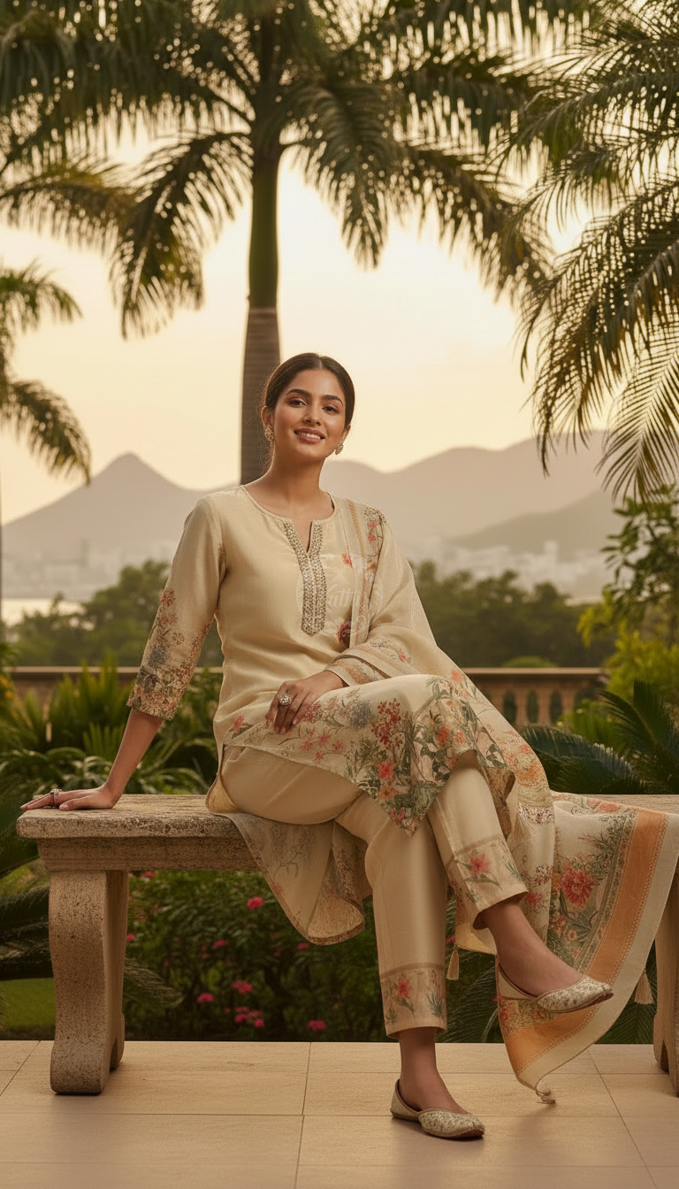 Beige Tissue Floral Print Suit Set With Beads