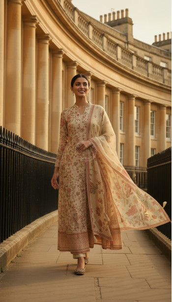 Beige Tissue Botanical Print Suit Set With Cutdana