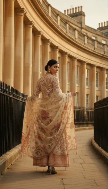 Beige Tissue Botanical Print Suit Set With Cutdana