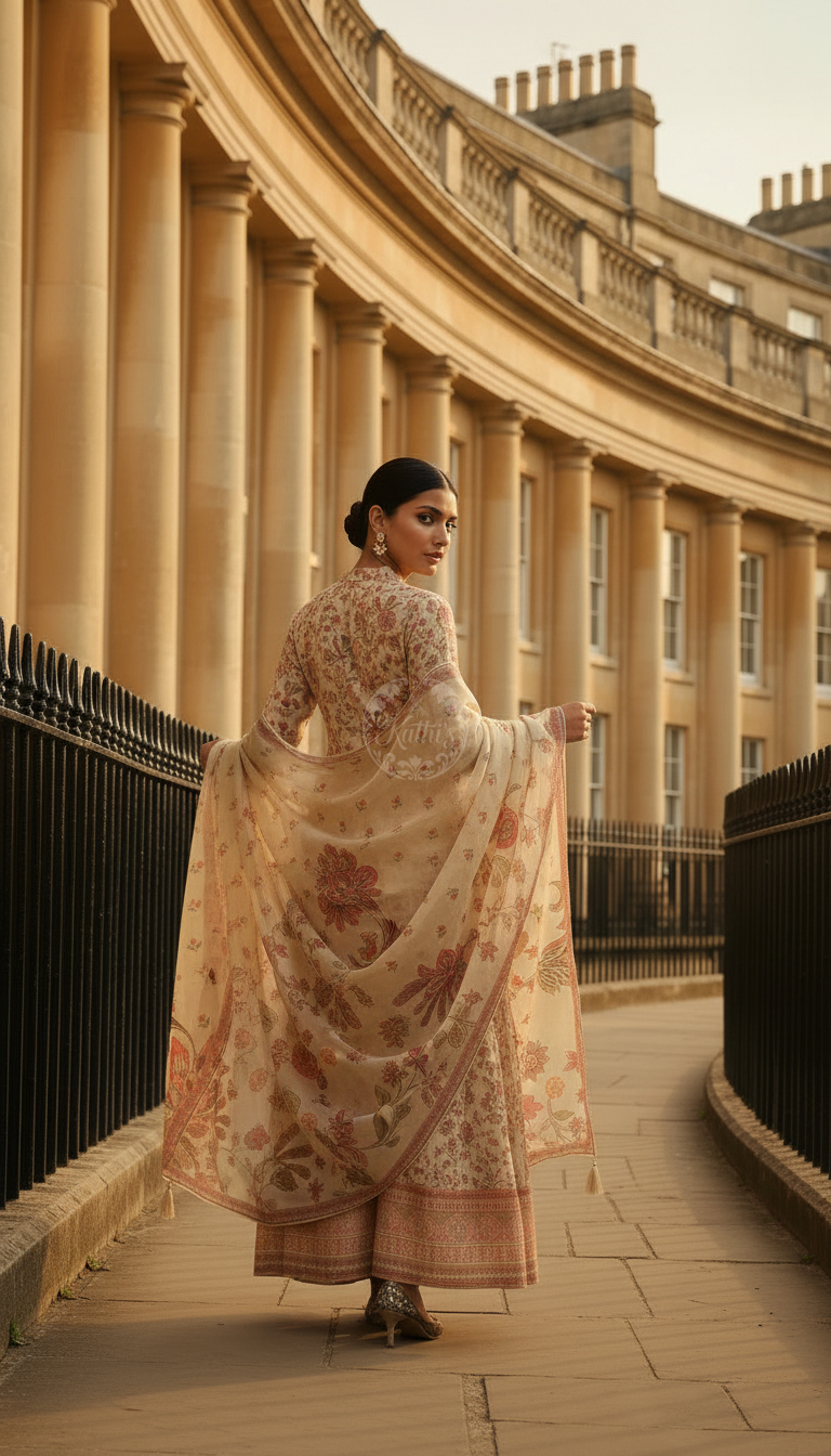 Beige Tissue Botanical Print Suit Set With Cutdana