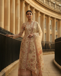 Beige Tissue Botanical Print Suit Set With Cutdana