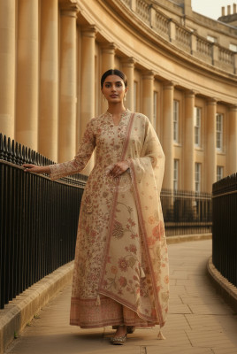 Beige Tissue Botanical Print Suit Set With Cutdana