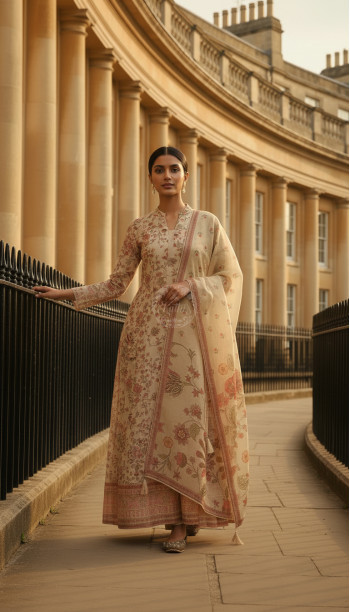 Beige Tissue Botanical Print Suit Set With Cutdana