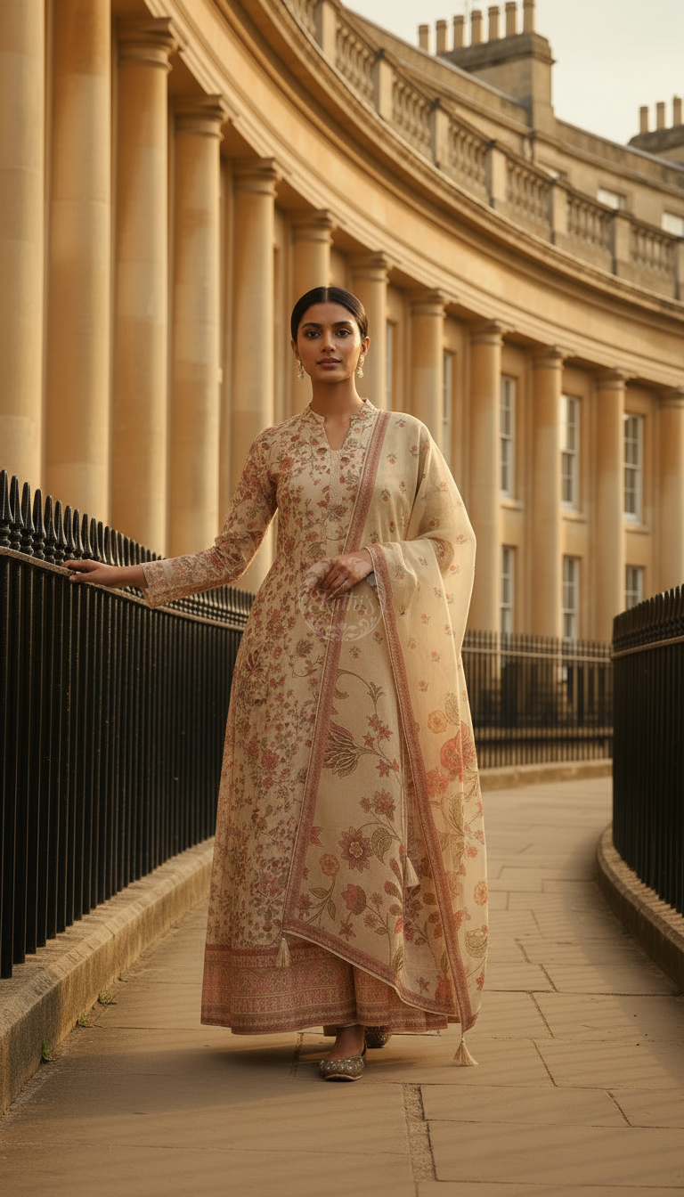 Beige Tissue Botanical Print Suit Set With Cutdana