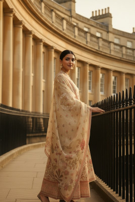 Beige Tissue Botanical Print Suit Set With Cutdana