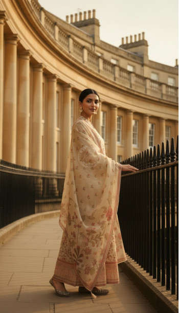 Beige Tissue Botanical Print Suit Set With Cutdana