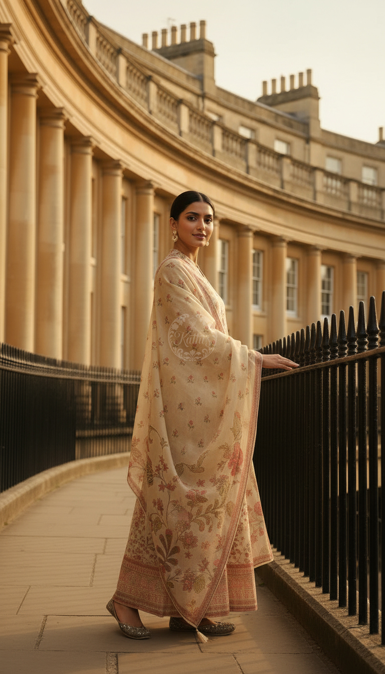 Beige Tissue Botanical Print Suit Set With Cutdana