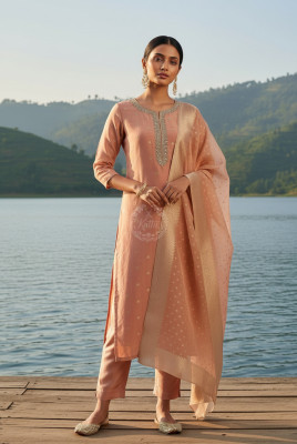 Peach Organza Zari Woven Suit Set With Cutdana