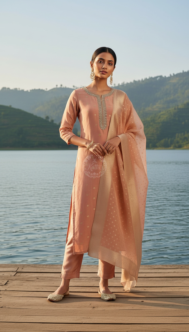 Peach Organza Zari Woven Suit Set With Cutdana