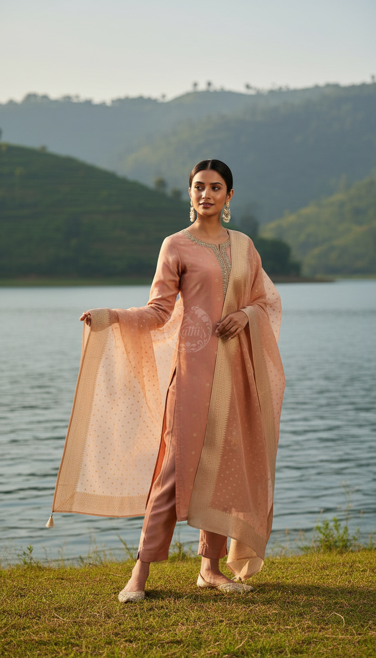 Peach Organza Zari Woven Suit Set With Cutdana
