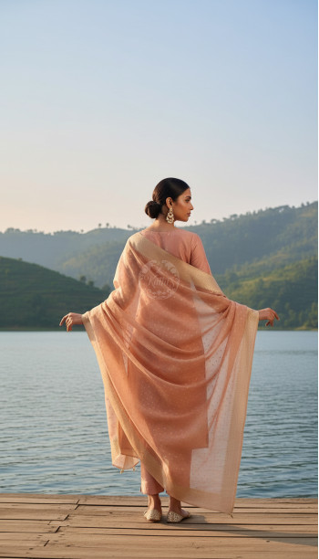 Peach Organza Zari Woven Suit Set With Cutdana