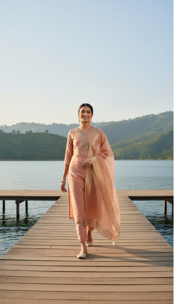 Peach Organza Zari Woven Suit Set With Cutdana