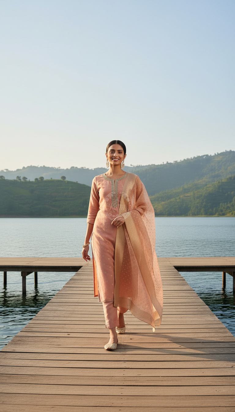 Peach Organza Zari Woven Suit Set With Cutdana