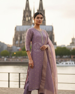 Purple Organza Zari Woven Suit Set With Cutdana