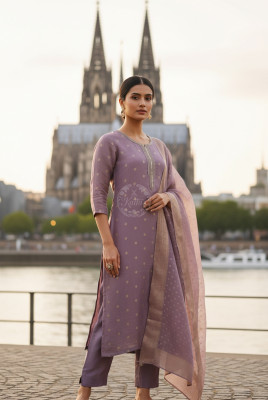 Purple Organza Zari Woven Suit Set With Cutdana