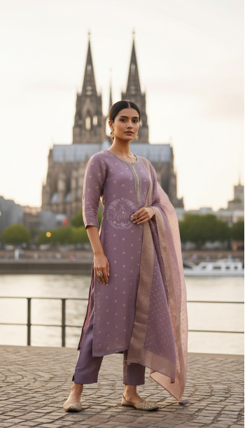 Purple Organza Zari Woven Suit Set With Cutdana