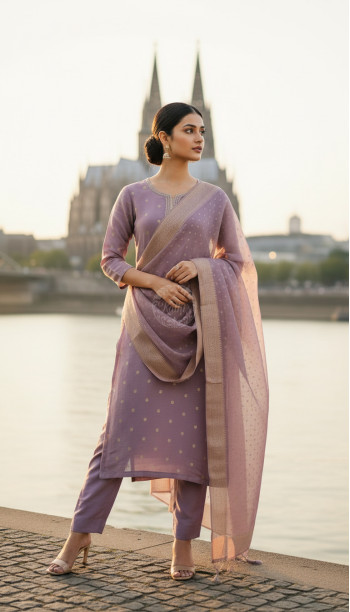 Purple Organza Zari Woven Suit Set With Cutdana