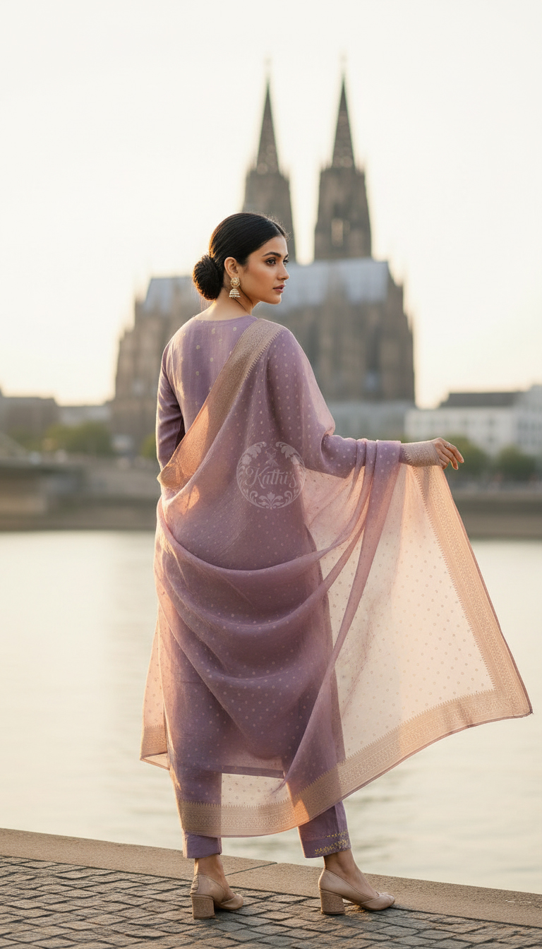 Purple Organza Zari Woven Suit Set With Cutdana