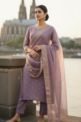 Purple Organza Zari Woven Suit Set With Cutdana