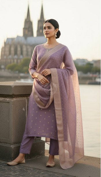 Purple Organza Zari Woven Suit Set With Cutdana