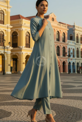 Teal Art Silk Solid Kurta Set