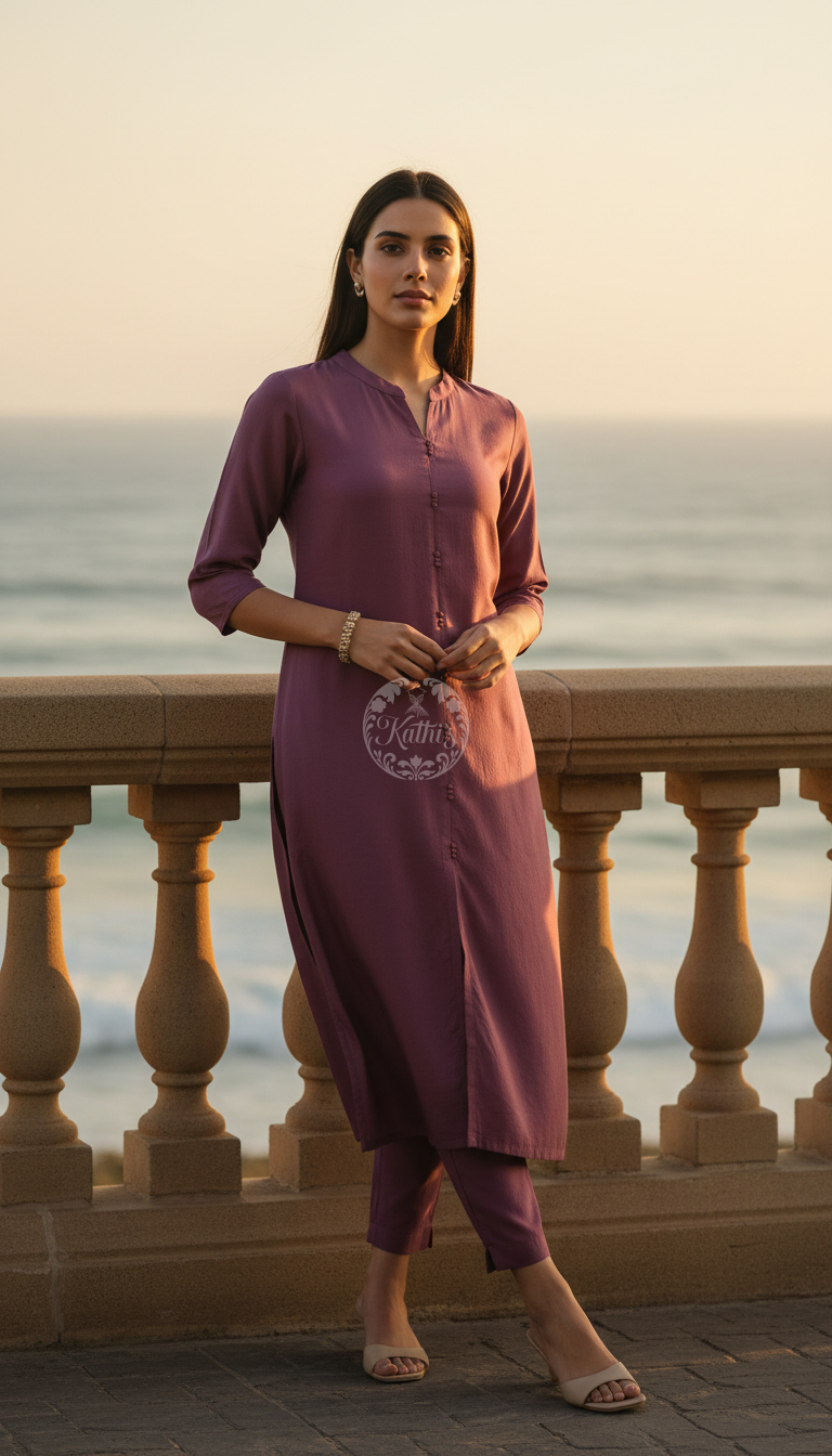 Purple Art Silk Solid Kurta Set
