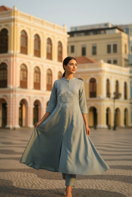 Teal Art Silk Solid Kurta Set