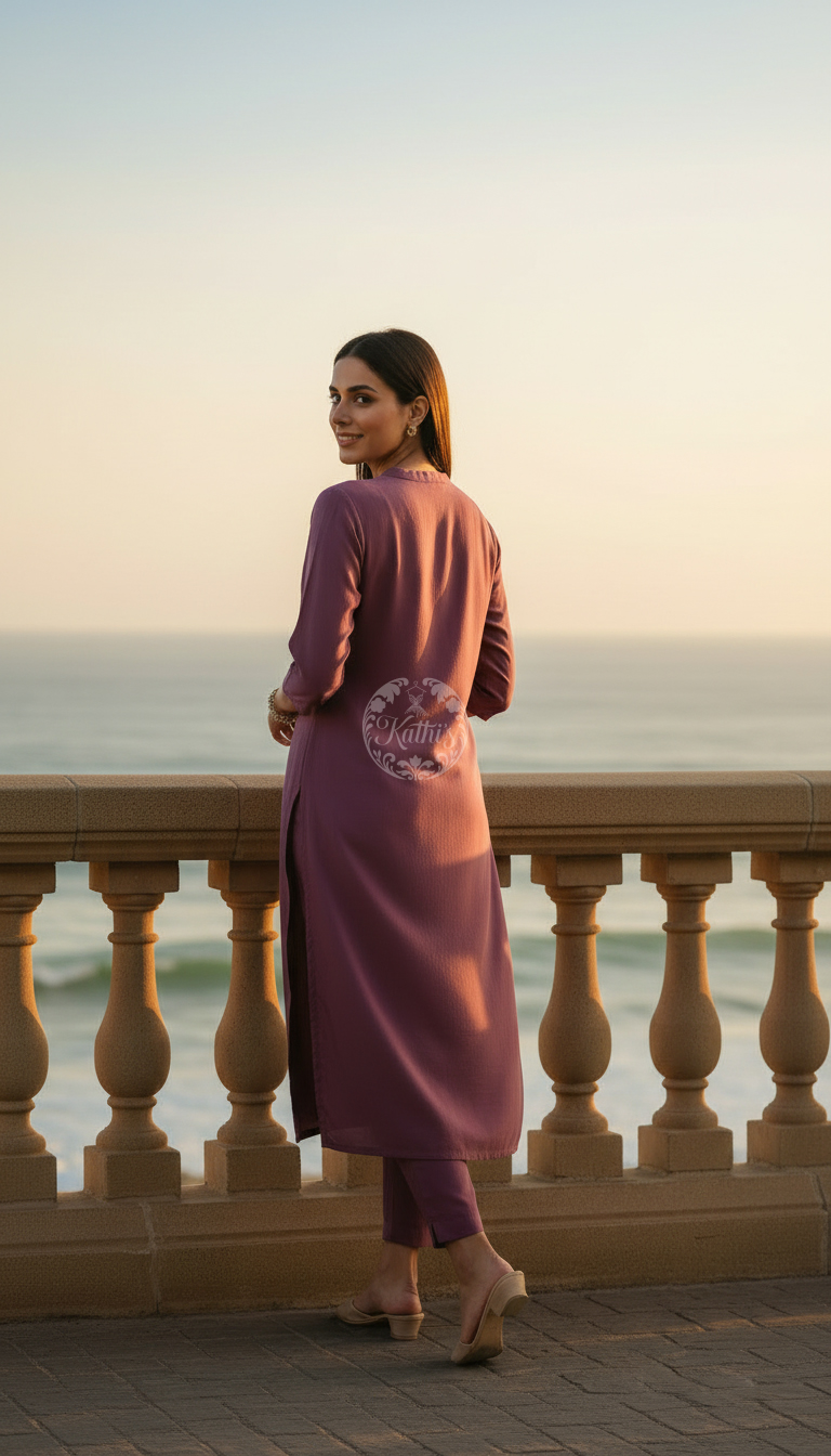 Purple Art Silk Solid Kurta Set