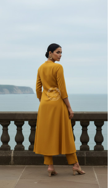 Mustard Art Silk Solid Kurta Set