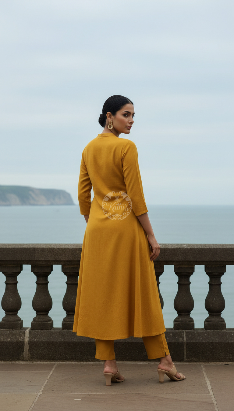 Mustard Art Silk Solid Kurta Set