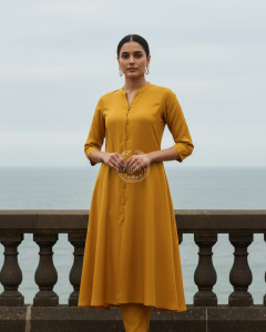 Mustard Art Silk Solid Kurta Set