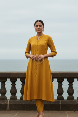 Mustard Art Silk Solid Kurta Set