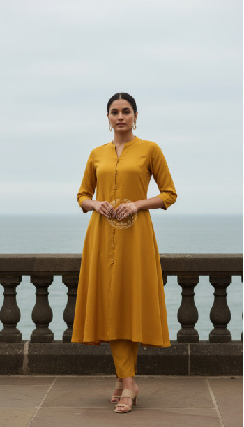 Mustard Art Silk Solid Kurta Set