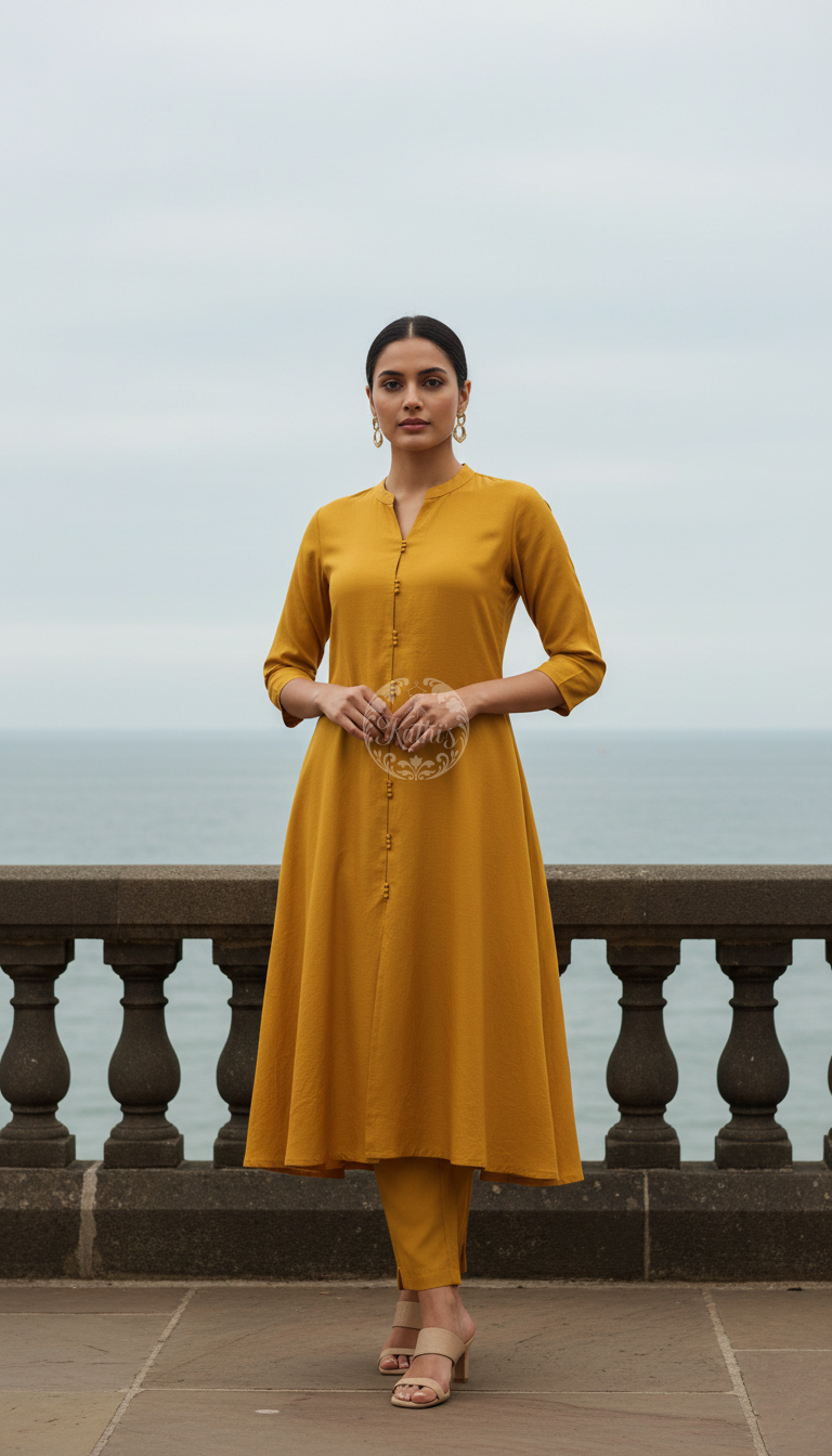 Mustard Art Silk Solid Kurta Set