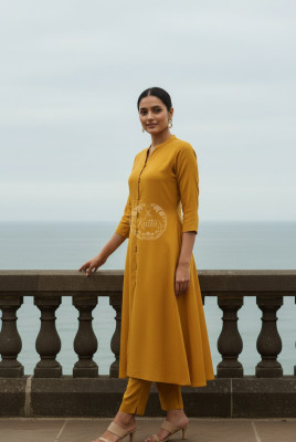 Mustard Art Silk Solid Kurta Set