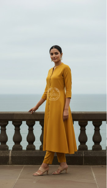 Mustard Art Silk Solid Kurta Set